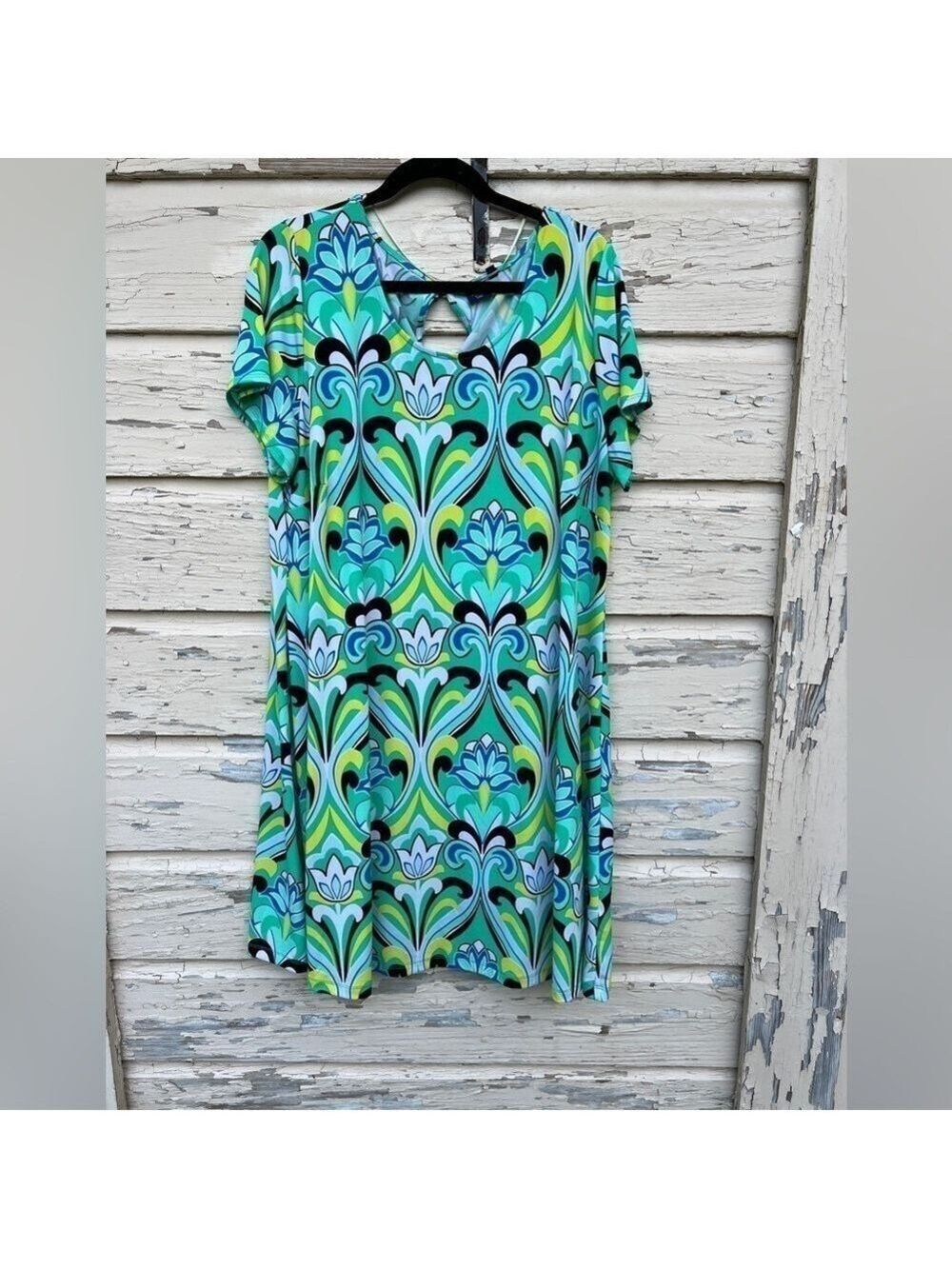 Kaari Blue Curvy Op Art To Wear phsychodelic Trapeze Swing Plus Swing Midi Dress